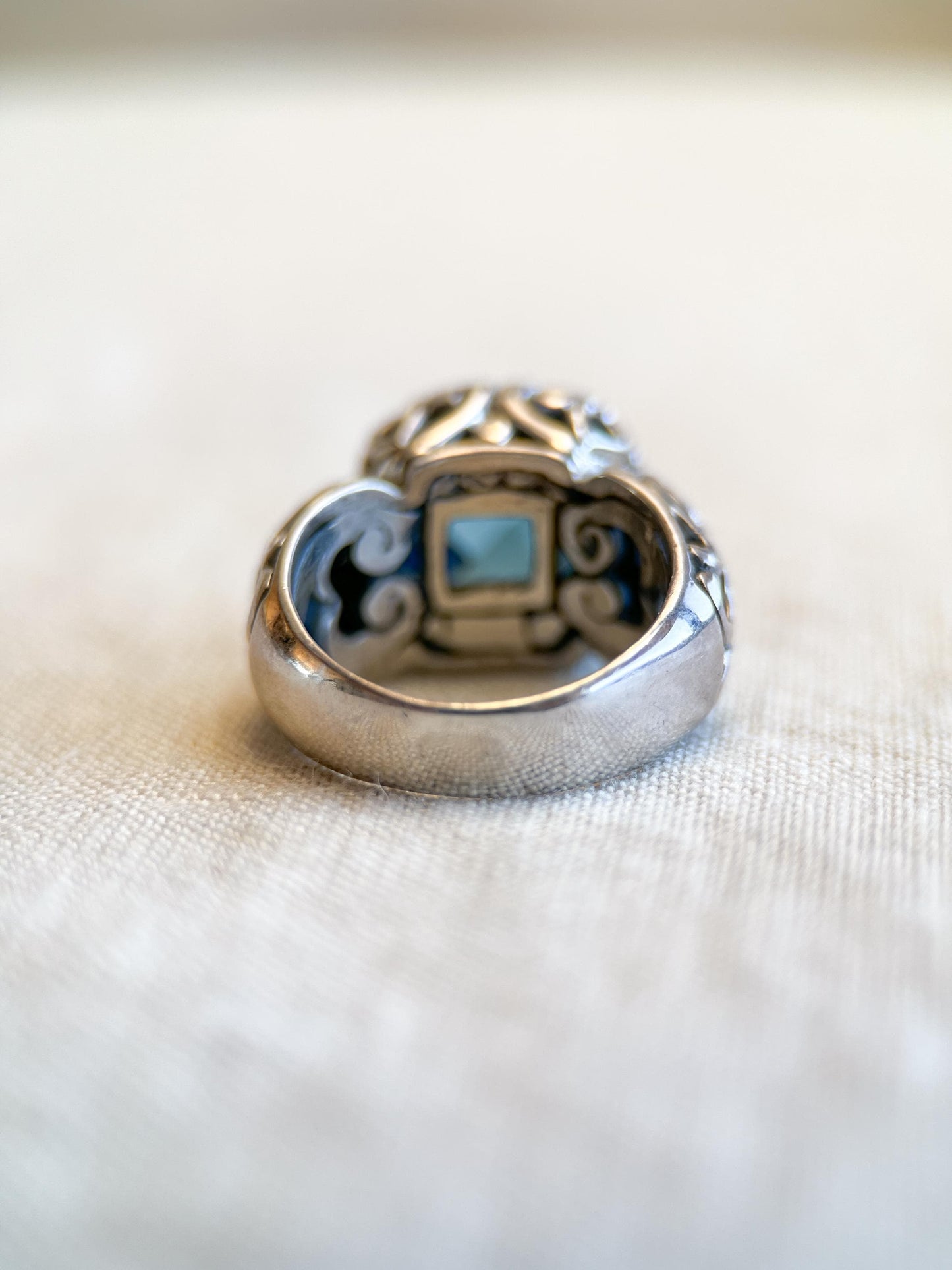 Vintage Sterling Silver London Blue Topaz Ring, Filigree Boho Statement Jewelry