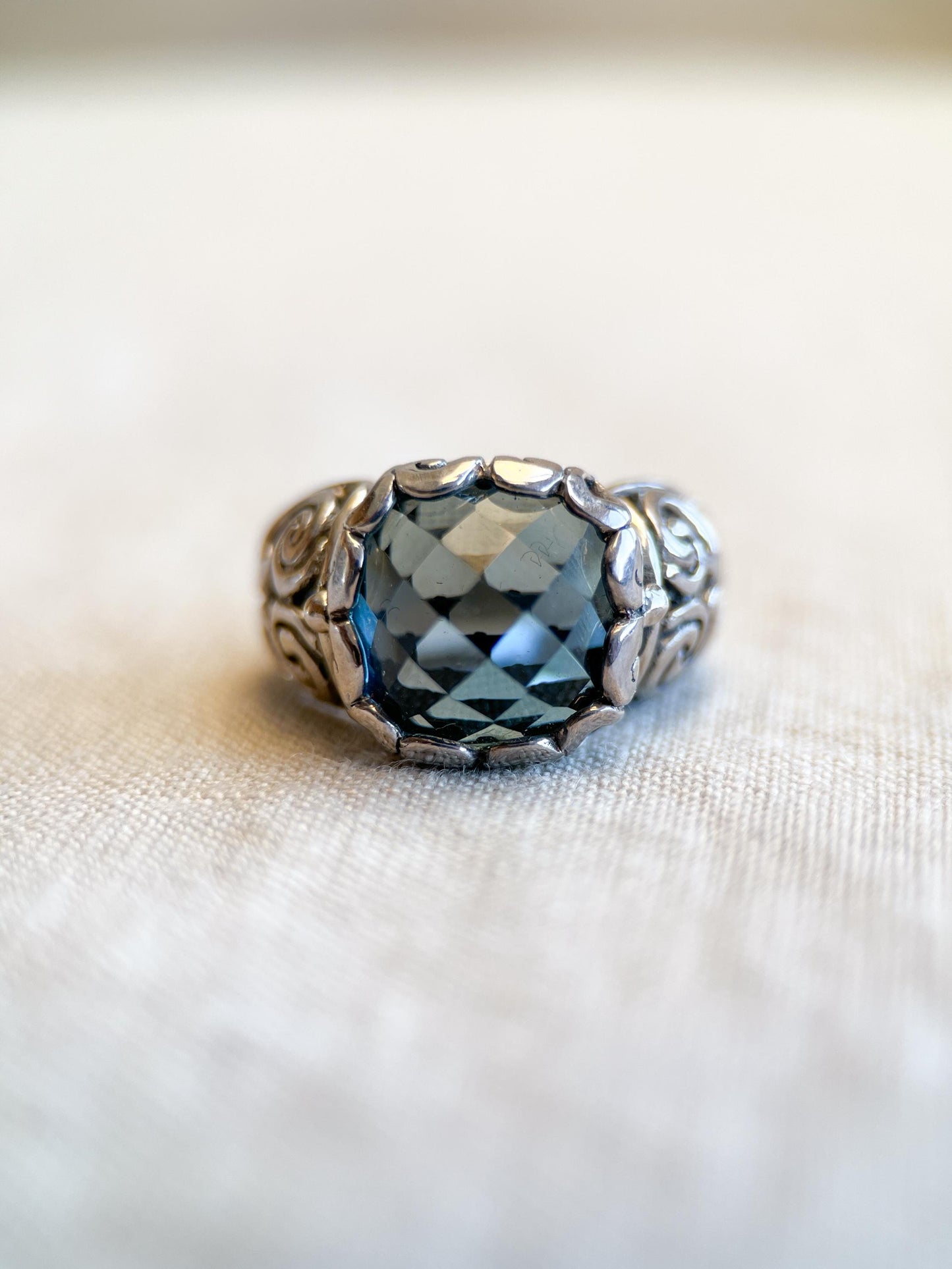 Vintage Sterling Silver London Blue Topaz Ring, Filigree Boho Statement Jewelry
