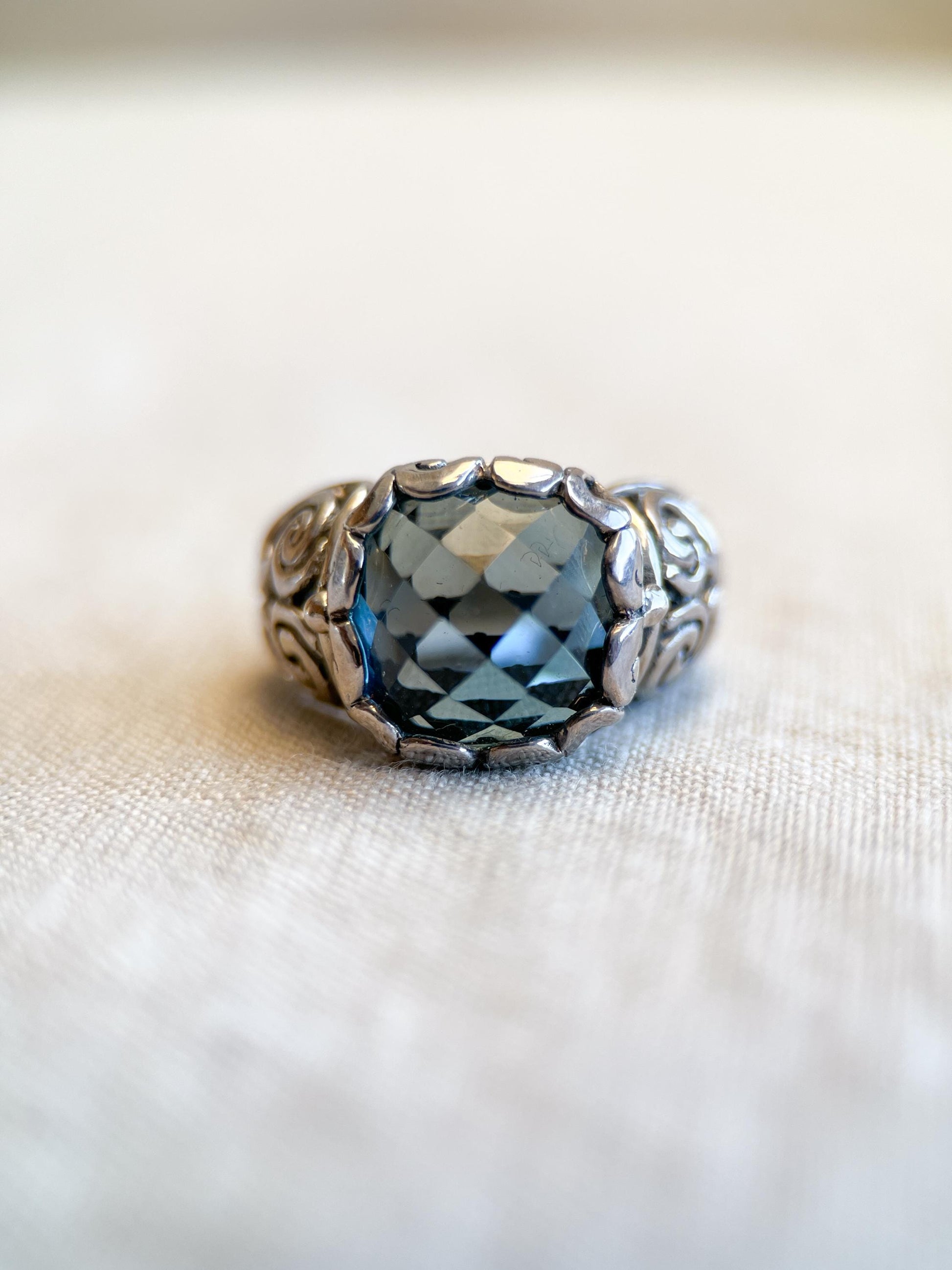Vintage Sterling Silver London Blue Topaz Ring, Filigree Boho Statement Jewelry