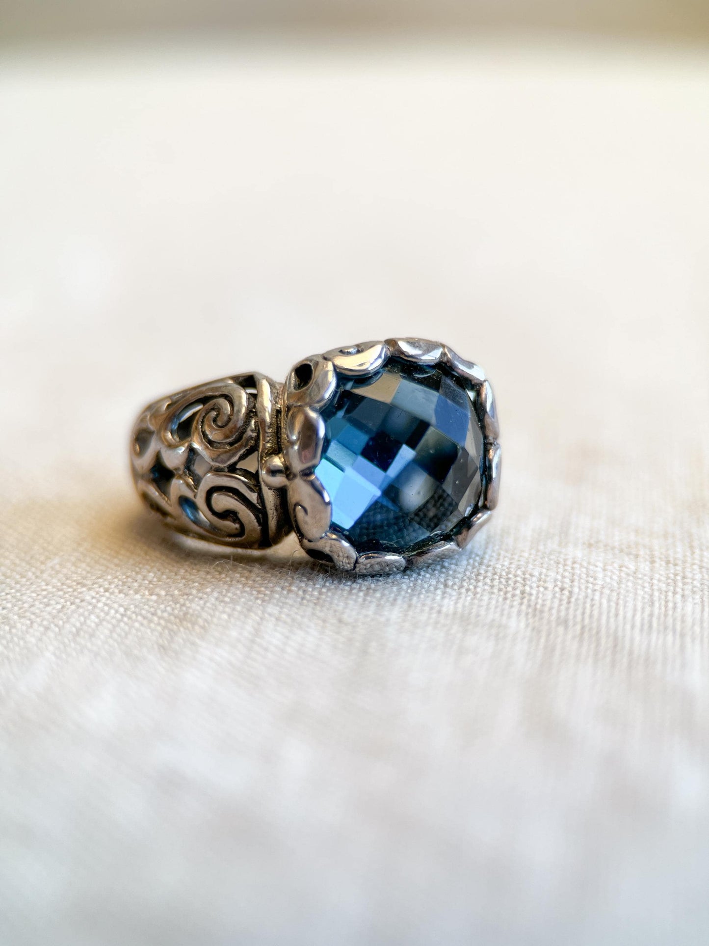 Vintage Sterling Silver London Blue Topaz Ring, Filigree Boho Statement Jewelry