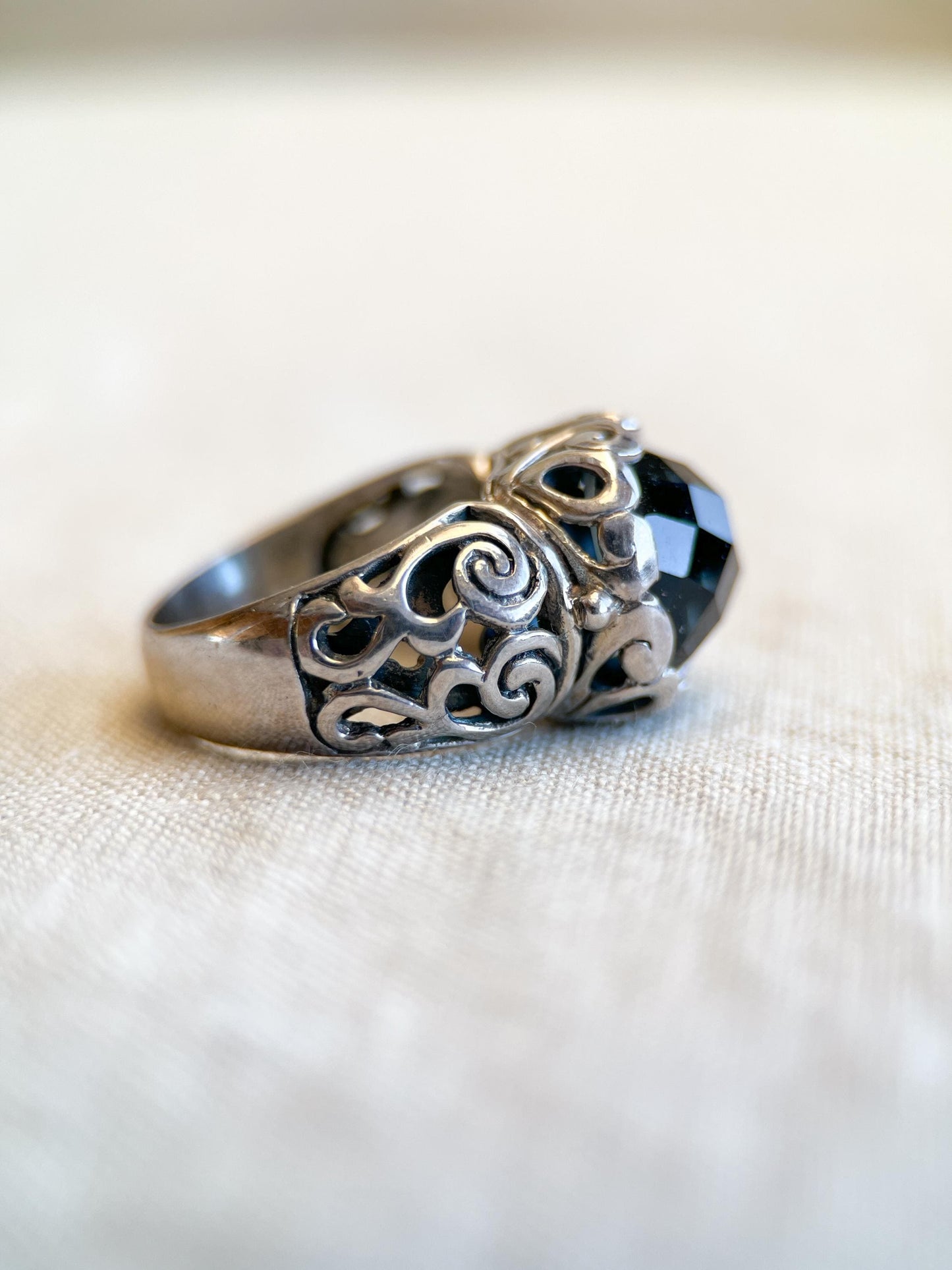 Vintage Sterling Silver London Blue Topaz Ring, Filigree Boho Statement Jewelry