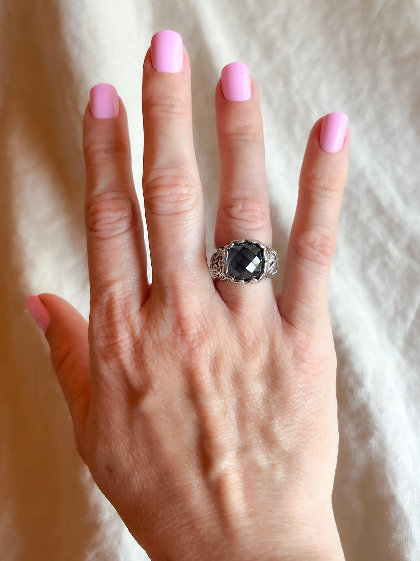 Vintage Sterling Silver London Blue Topaz Ring, Filigree Boho Statement Jewelry