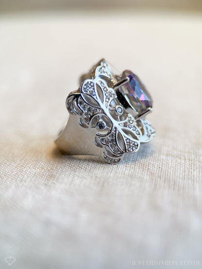 Vintage Mystic Topaz Sterling Silver Ring, Rainbow Filigree Statement Boho Jewelry