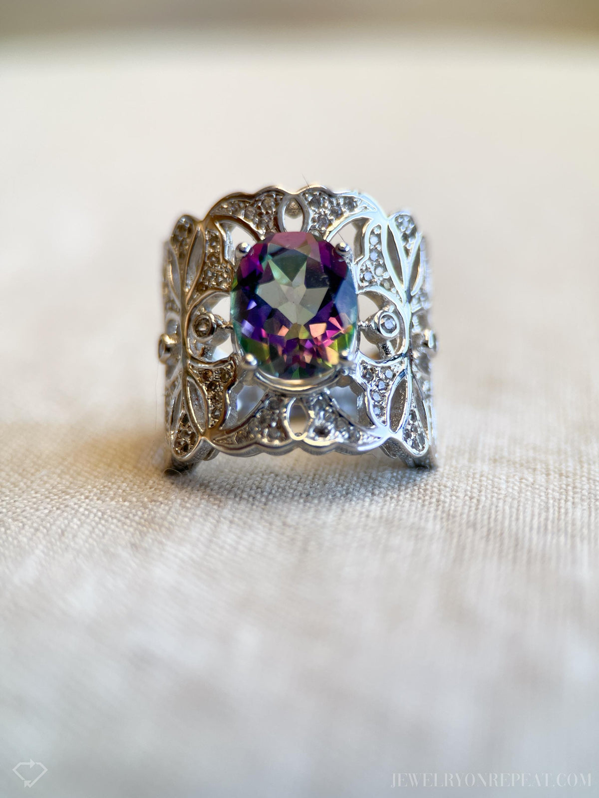 Vintage Mystic Topaz Sterling Silver Ring, Rainbow Filigree Statement Boho Jewelry
