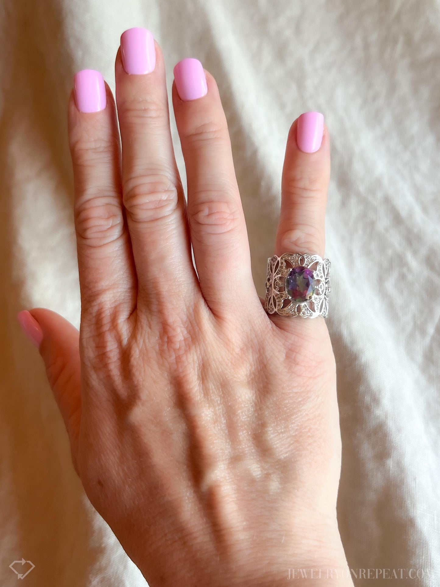 Vintage Mystic Topaz Sterling Silver Ring, Rainbow Filigree Statement Boho Jewelry