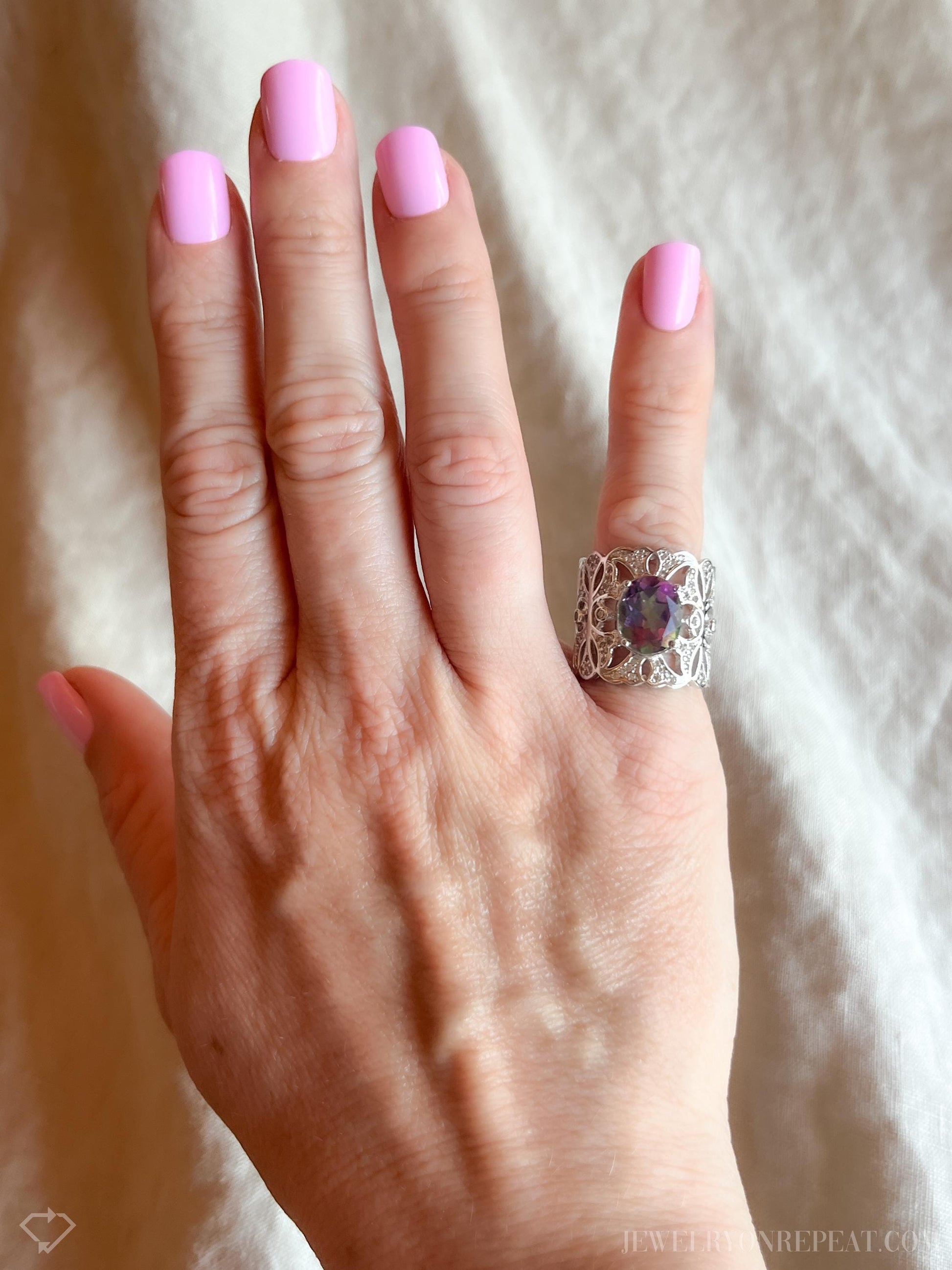 Vintage Mystic Topaz Sterling Silver Ring, Rainbow Filigree Statement Boho Jewelry