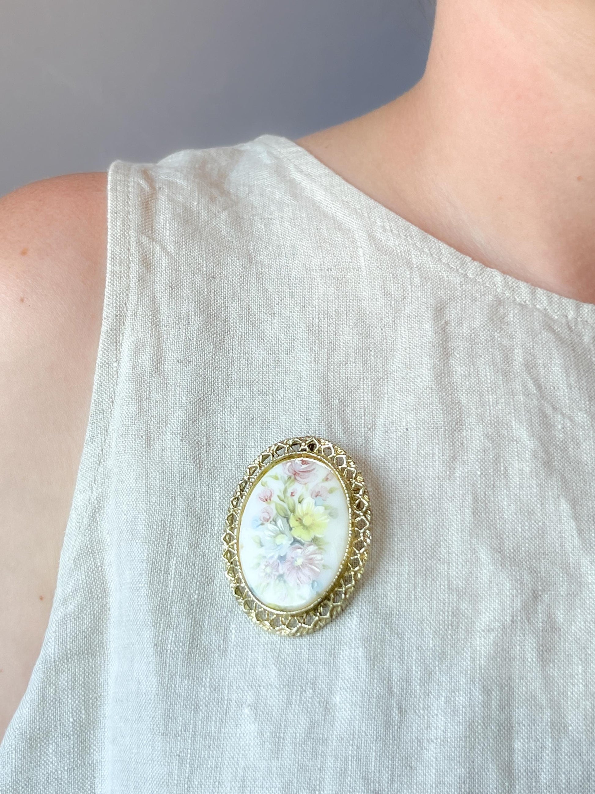 Vintage Floral Painted Porcelain Brooch in Gold Plate