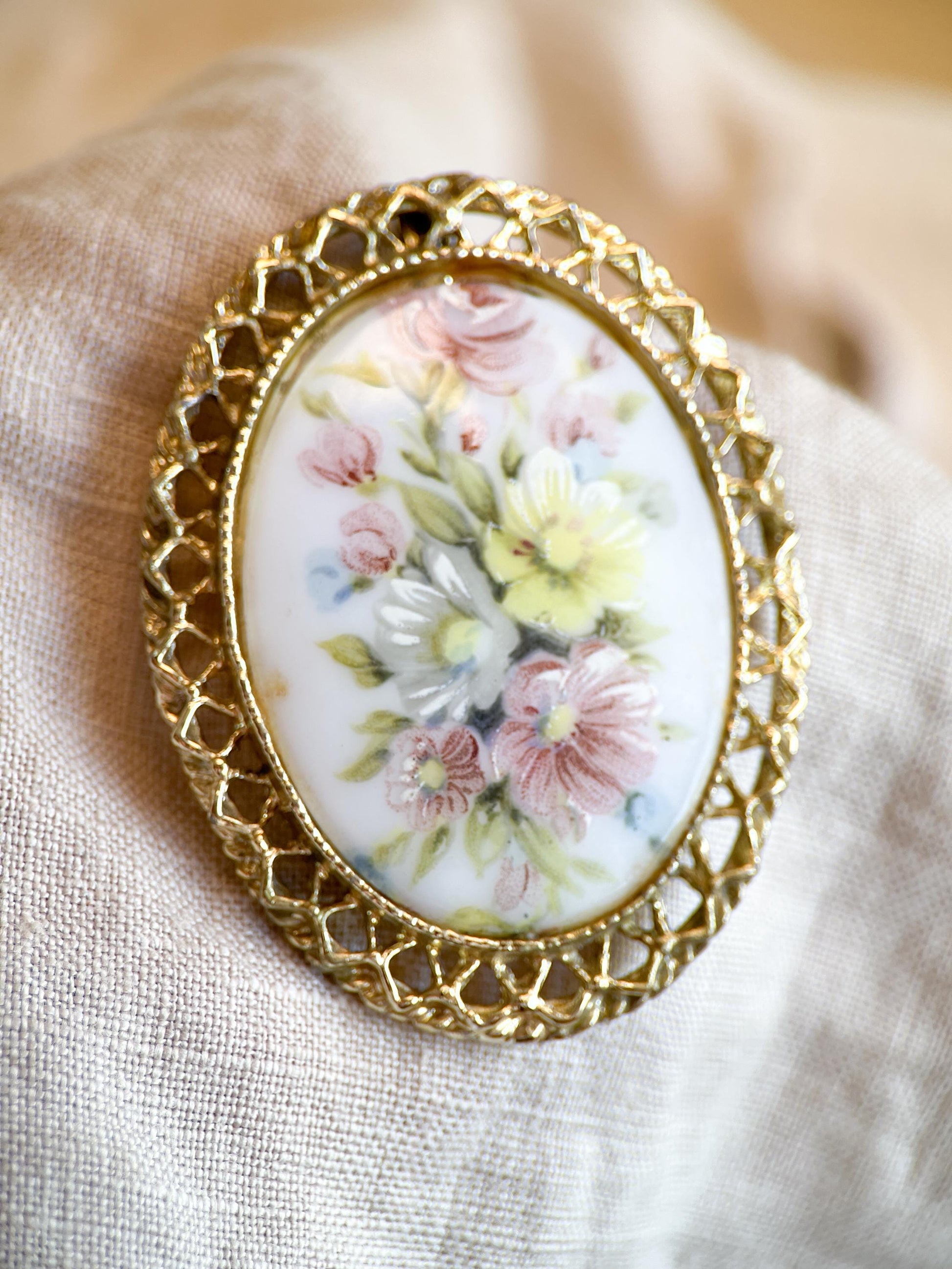 Vintage Floral Painted Porcelain Brooch in Gold Plate