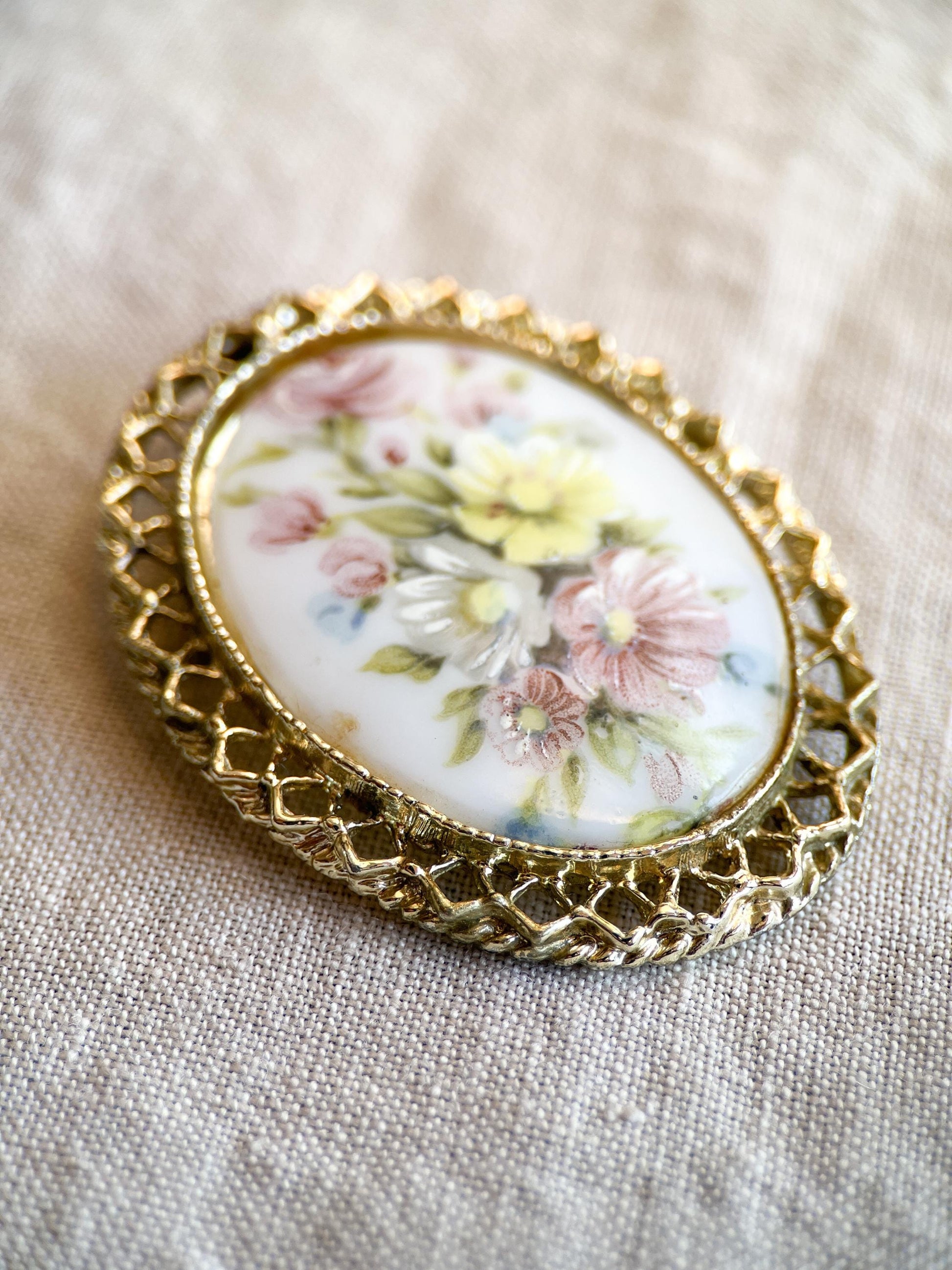 Vintage Floral Painted Porcelain Brooch in Gold Plate