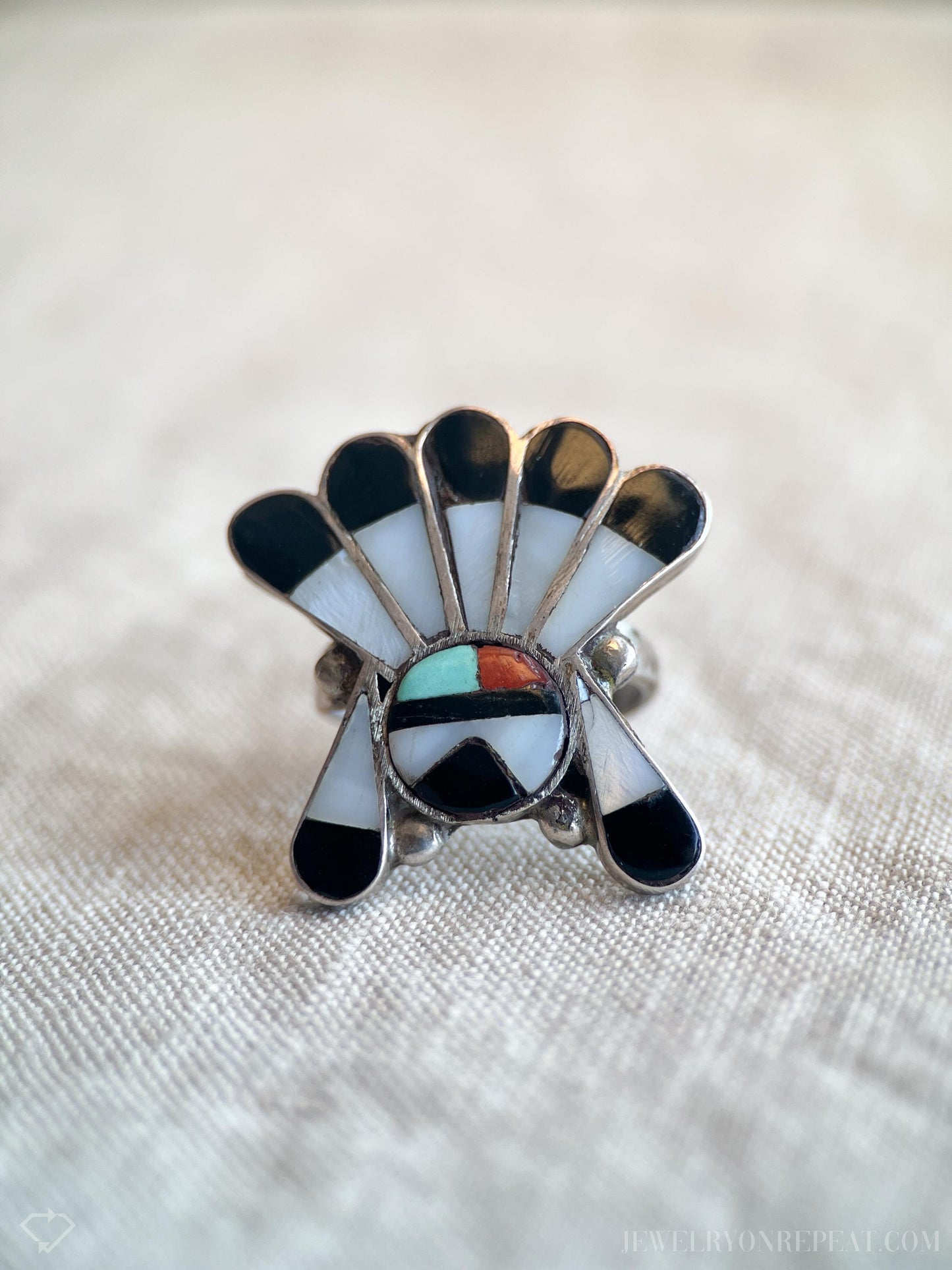 Vintage Zuni Sun Face Headdress Gemstone Ring in Sterling Silver