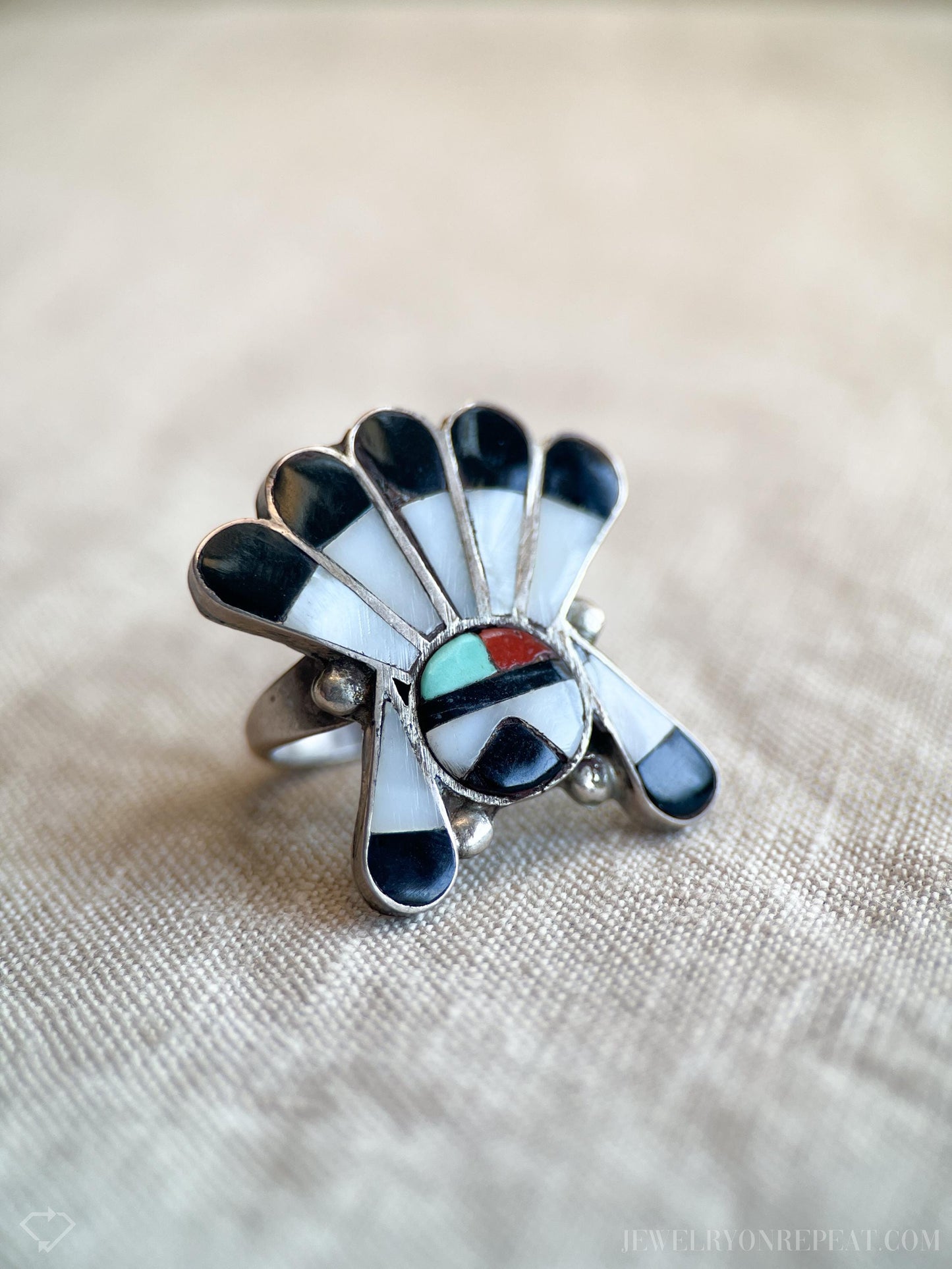 Vintage Zuni Sun Face Headdress Gemstone Ring in Sterling Silver