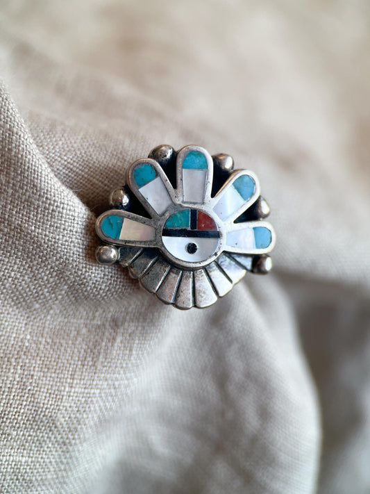 Vintage Zuni Sun Face Gemstone Ring in Sterling Silver