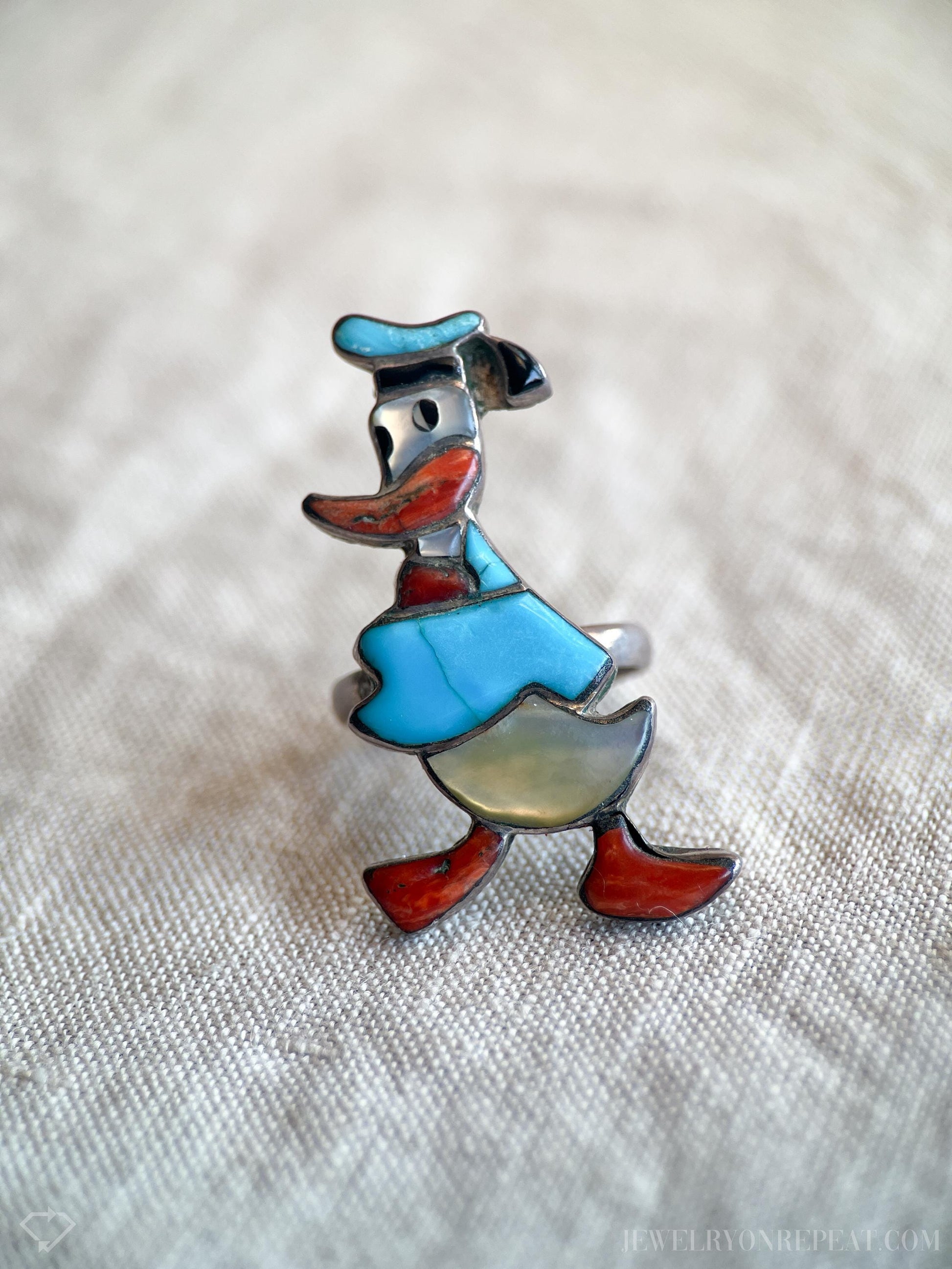 Vintage Donald Zunitoon Gemstone Duck Ring in Sterling Silver