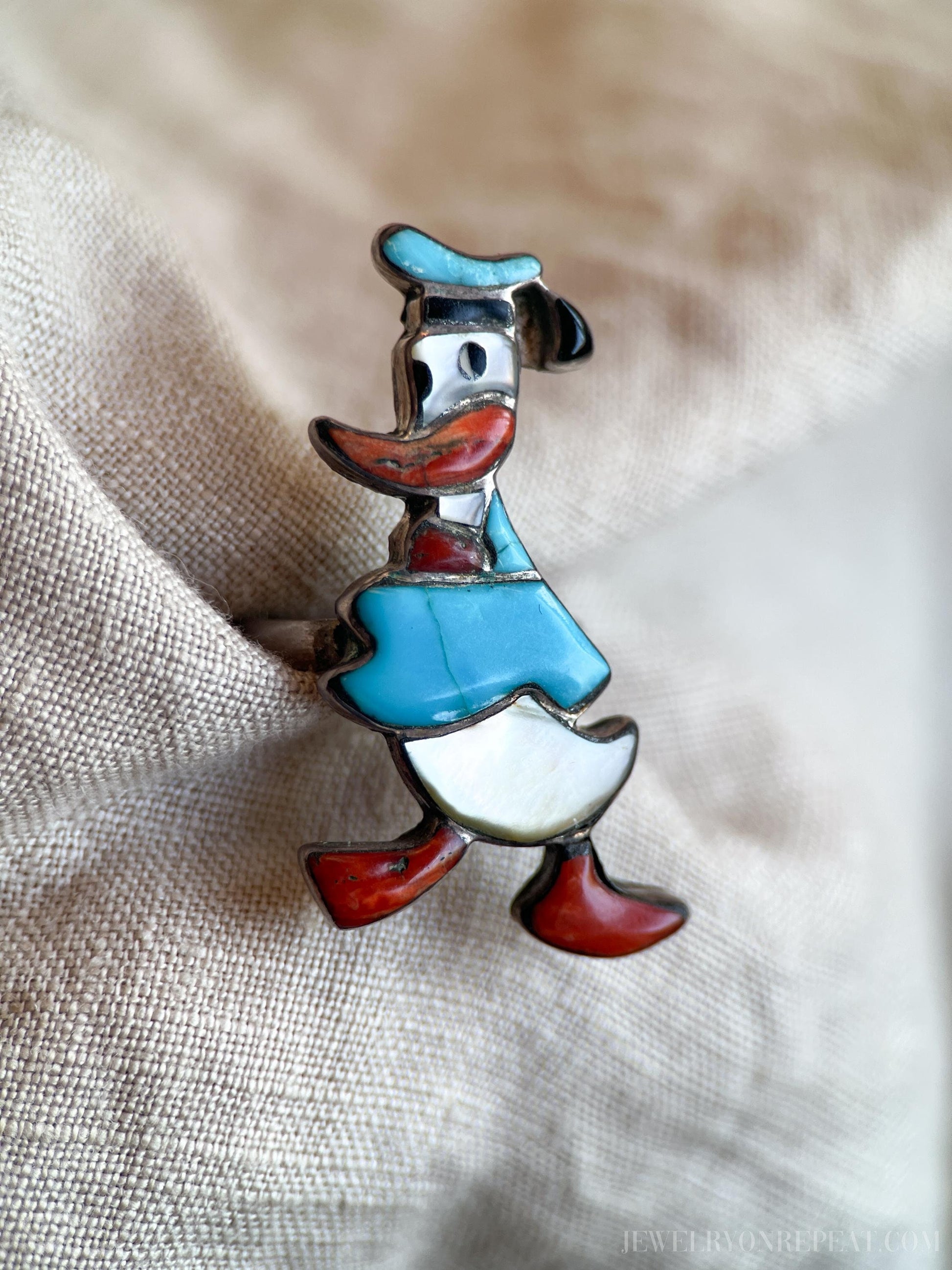 Vintage Donald Zunitoon Gemstone Duck Ring in Sterling Silver