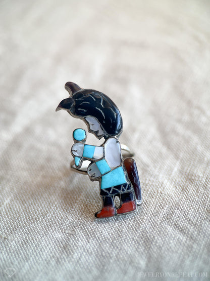 Vintage Gemstone Inlay Figure Ring Sterling Silver, Southwestern Jewelry, Everyday Ring