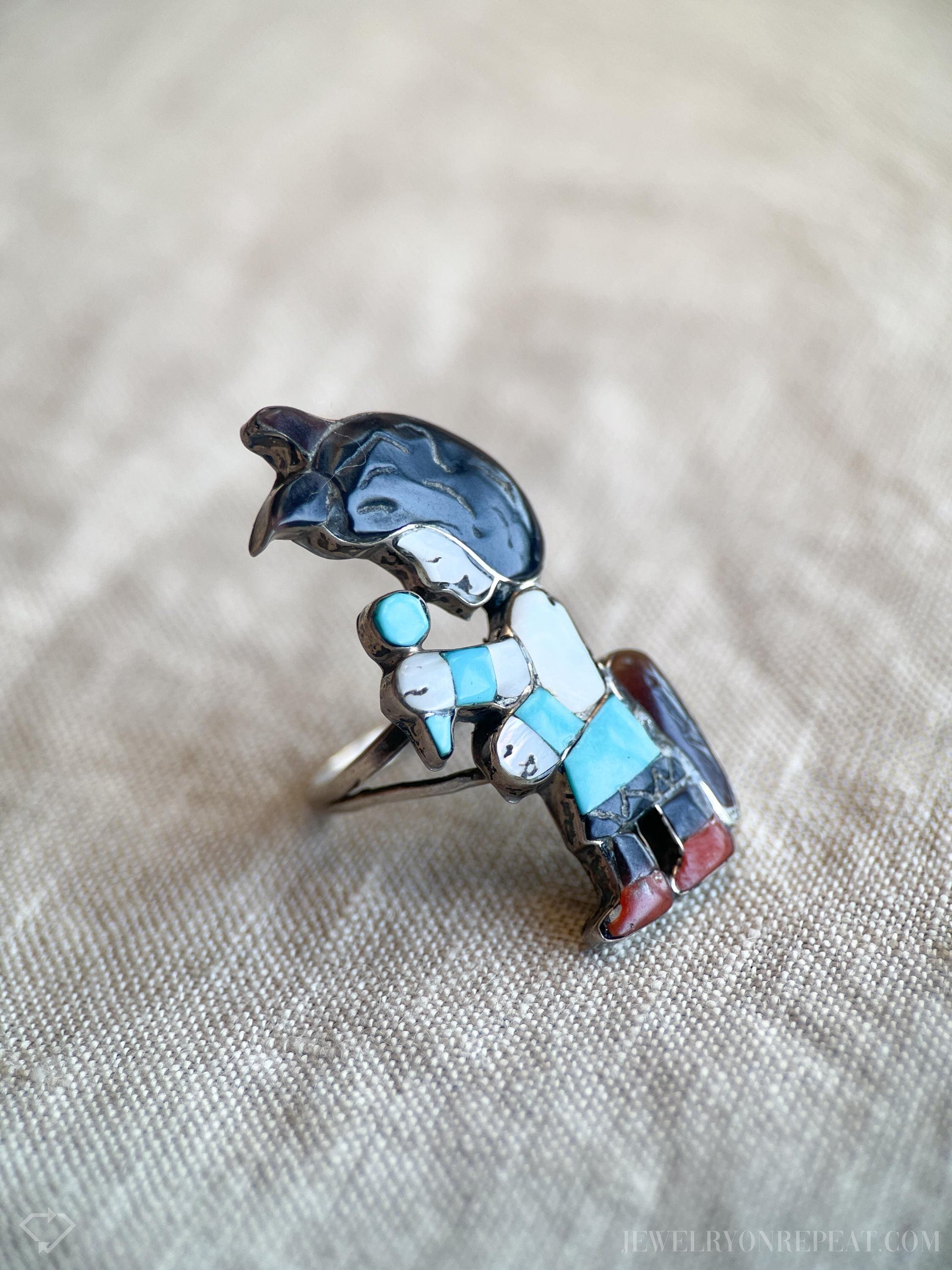 Vintage Gemstone Inlay Figure Ring Sterling Silver, Southwestern Jewelry, Everyday Ring