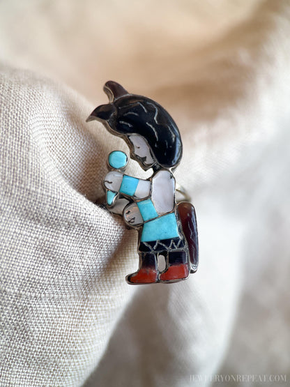 Vintage Gemstone Inlay Figure Ring Sterling Silver, Southwestern Jewelry, Everyday Ring