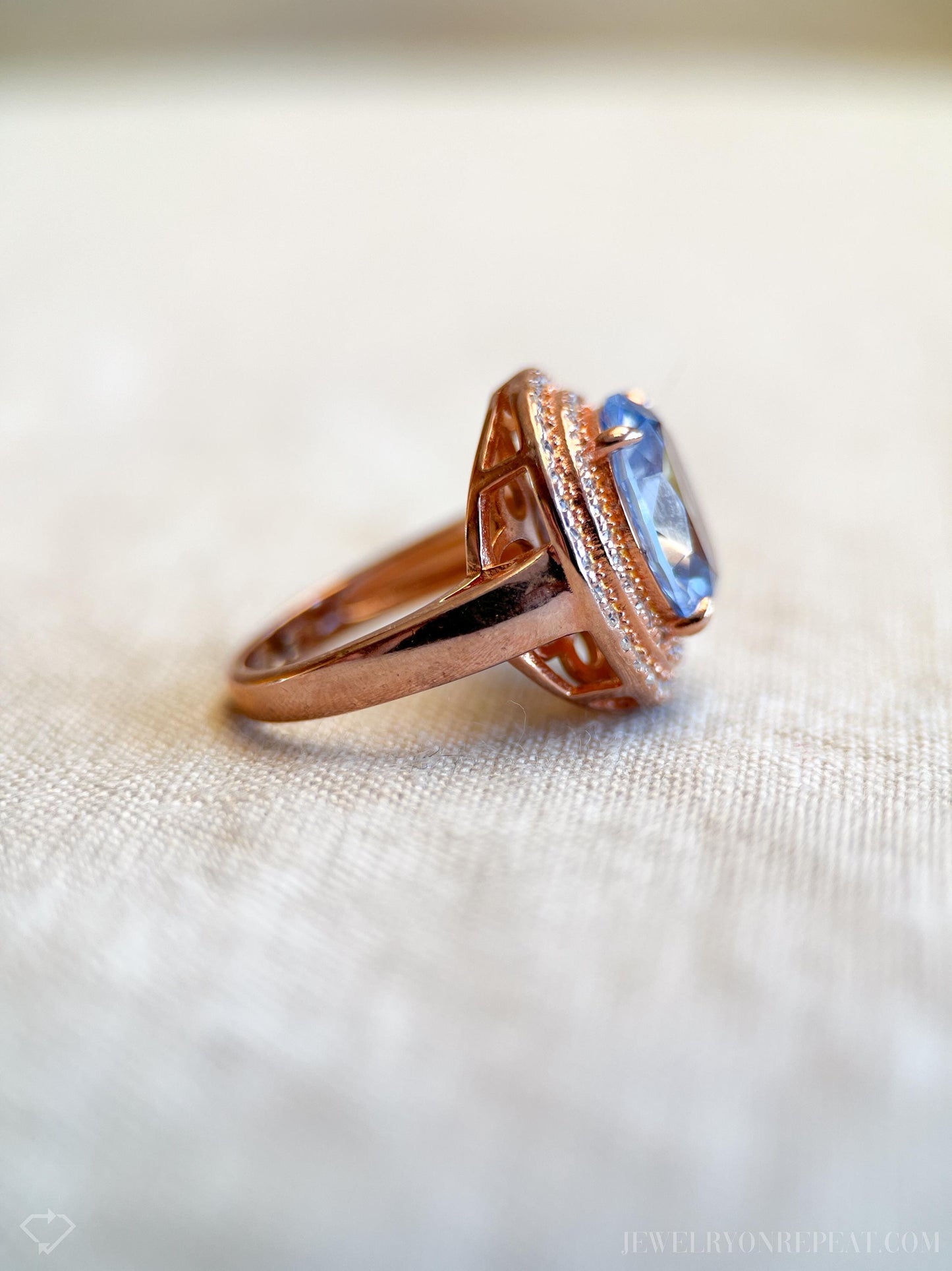 Vintage Blue Spinel Halo Ring, Rose Gold Plated Sterling Silver Statement Jewelry
