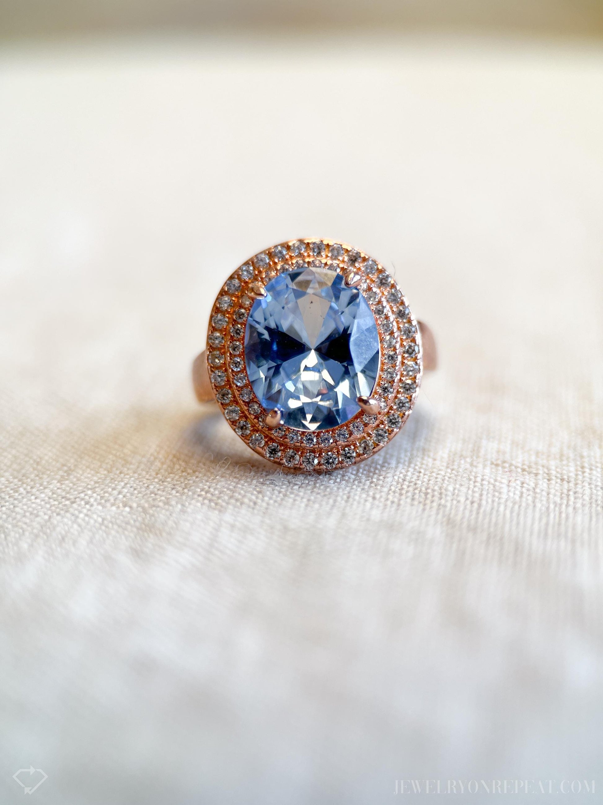 Vintage Blue Spinel Halo Ring, Rose Gold Plated Sterling Silver Statement Jewelry
