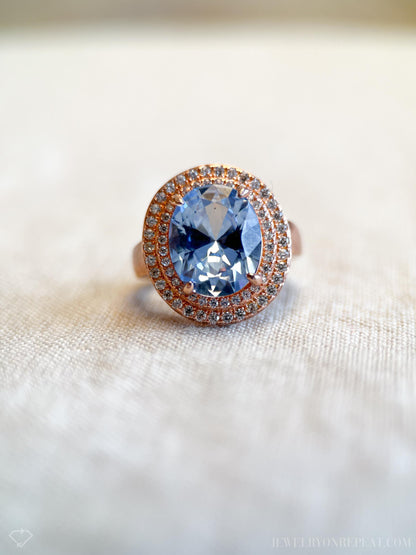 Vintage Blue Spinel Halo Ring, Rose Gold Plated Sterling Silver Statement Jewelry