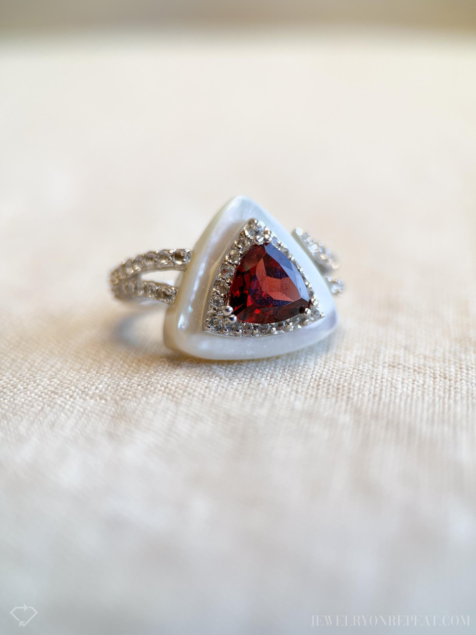 Vintage Garnet Ring Sterling Silver, Triangle Statement Ring, Boho Mother of Pearl Jewelry
