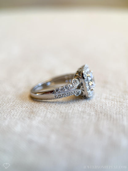 Vintage Cubic Zirconia Engagement Ring, Round Cut, Sterling Silver, 2000s Halo Bridal Ring