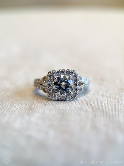 Vintage Cubic Zirconia Engagement Ring, Round Cut, Sterling Silver, 2000s Halo Bridal Ring