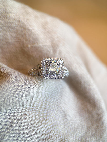 Vintage Cubic Zirconia Engagement Ring, Round Cut, Sterling Silver, 2000s Halo Bridal Ring