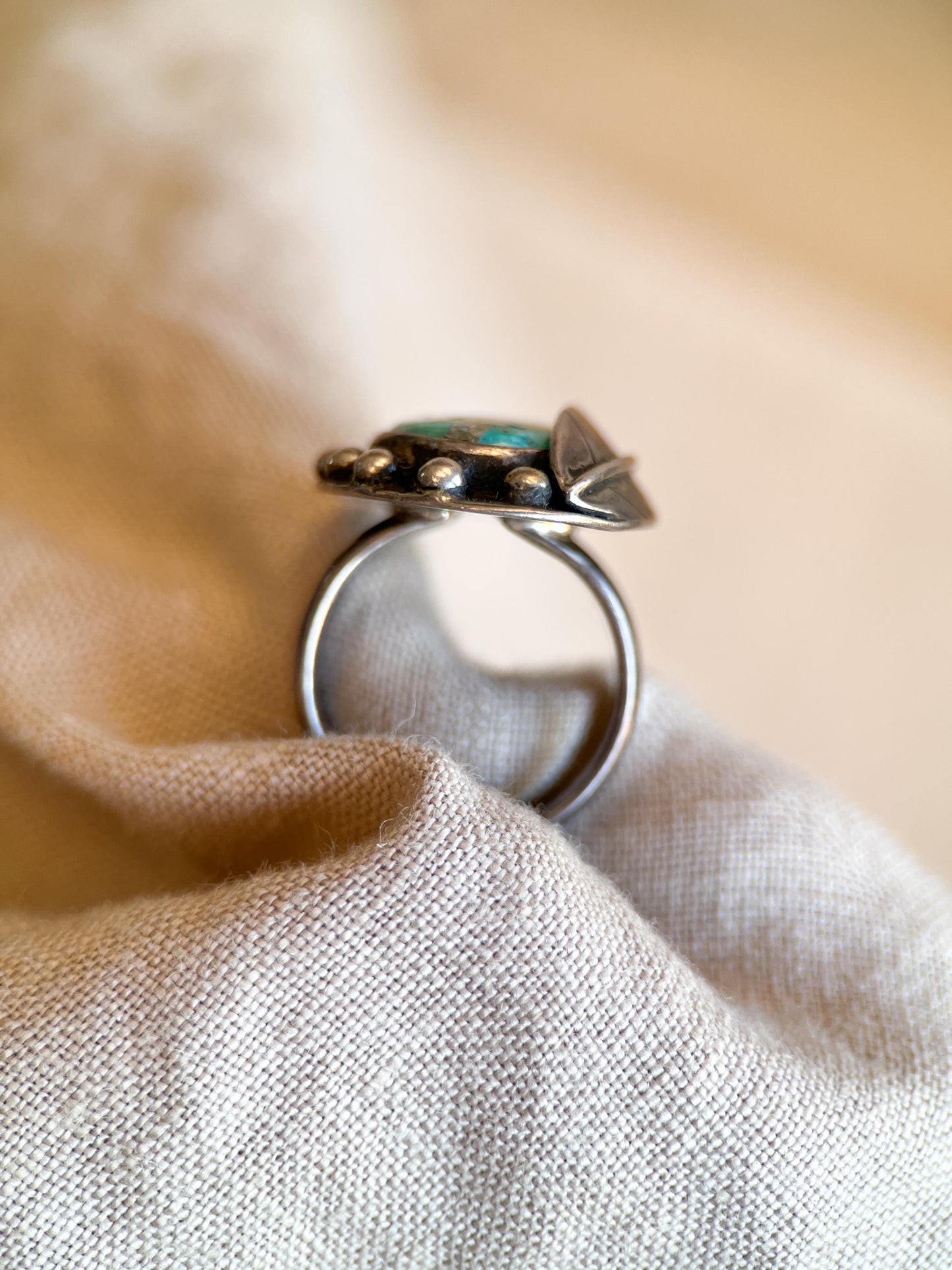 Vintage Turquoise Ring Sterling Silver, Southwestern Leaf/Feather Statement Ring, Boho Everyday Jewelry