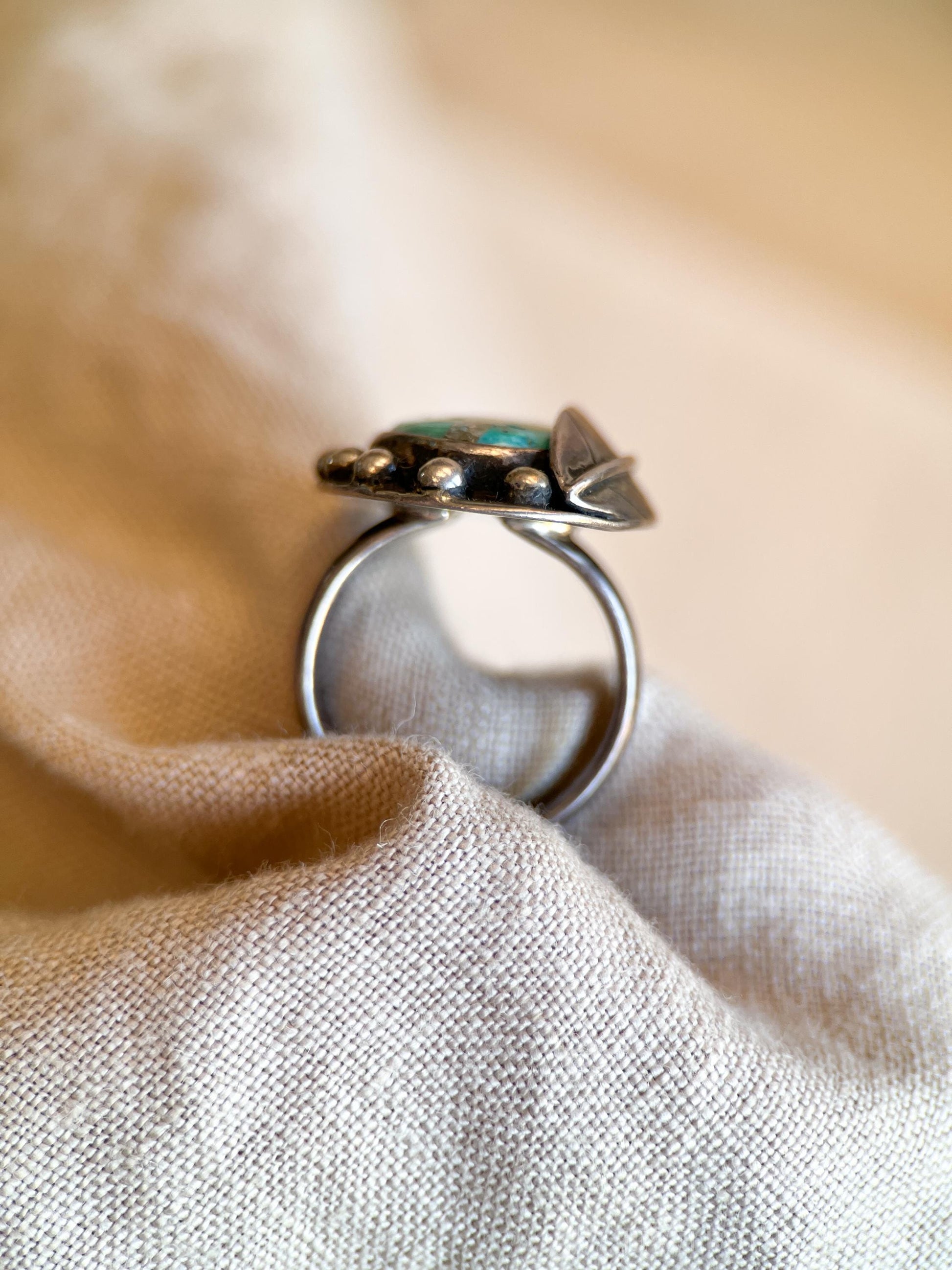 Vintage Turquoise Ring Sterling Silver, Southwestern Leaf/Feather Statement Ring, Boho Everyday Jewelry
