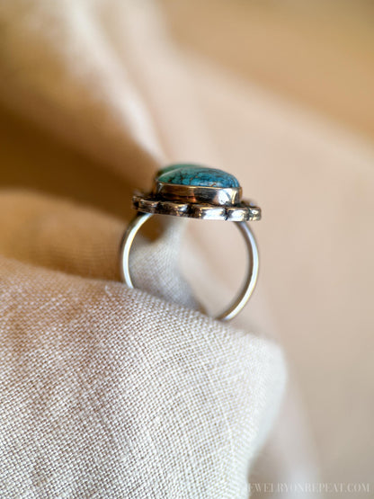 Vintage Turquoise Ring Sterling Silver, Oval Double Bezel, Southwestern Everyday Ring