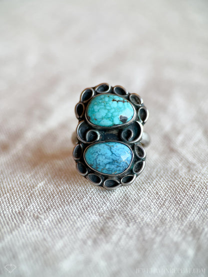 Vintage Turquoise Ring Sterling Silver, Oval Double Bezel, Southwestern Everyday Ring