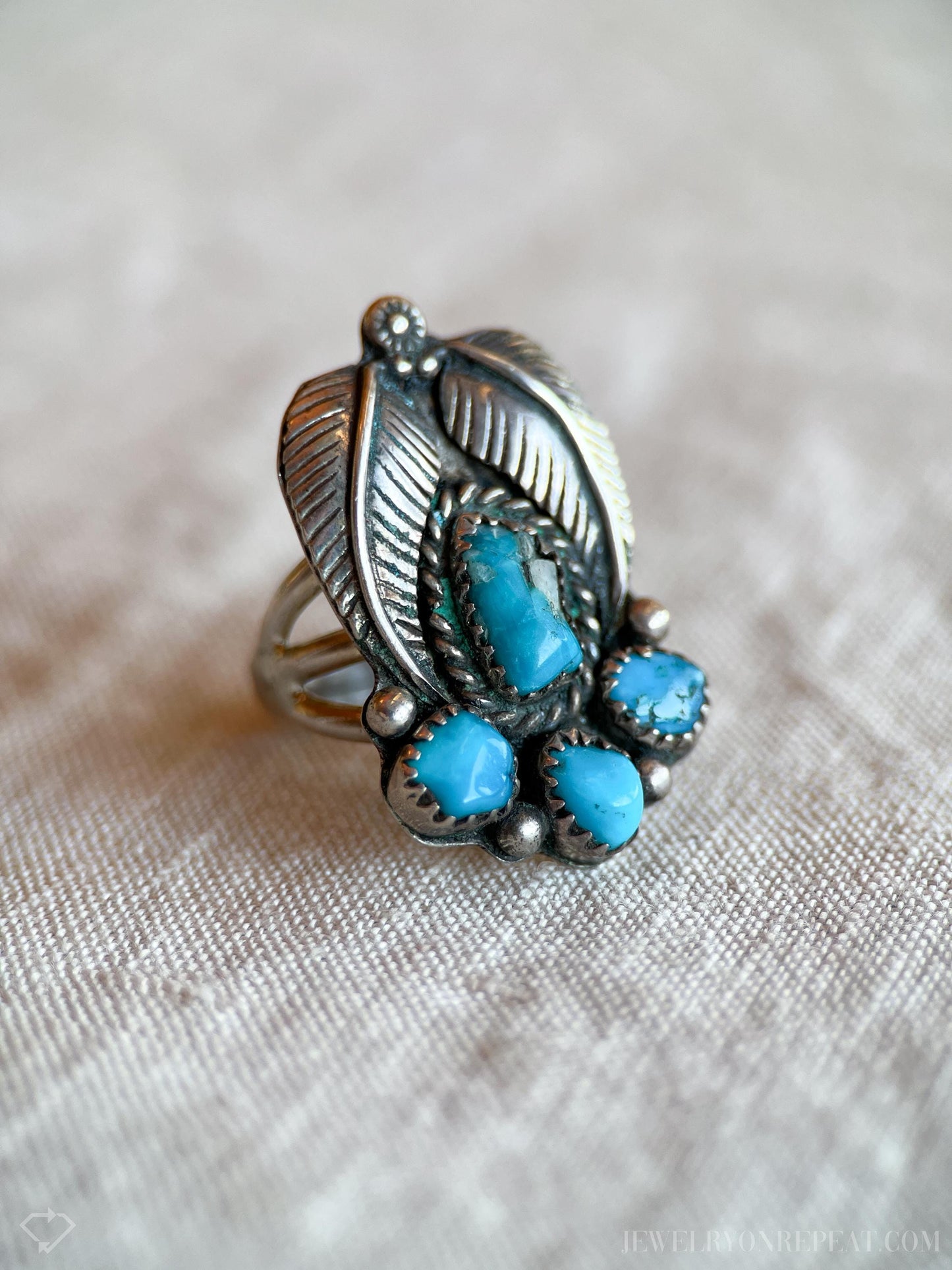 Vintage Sterling Silver Turquoise Feather Ring, Southwestern Boho Statement Jewelry