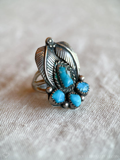 Vintage Sterling Silver Turquoise Feather Ring, Southwestern Boho Statement Jewelry