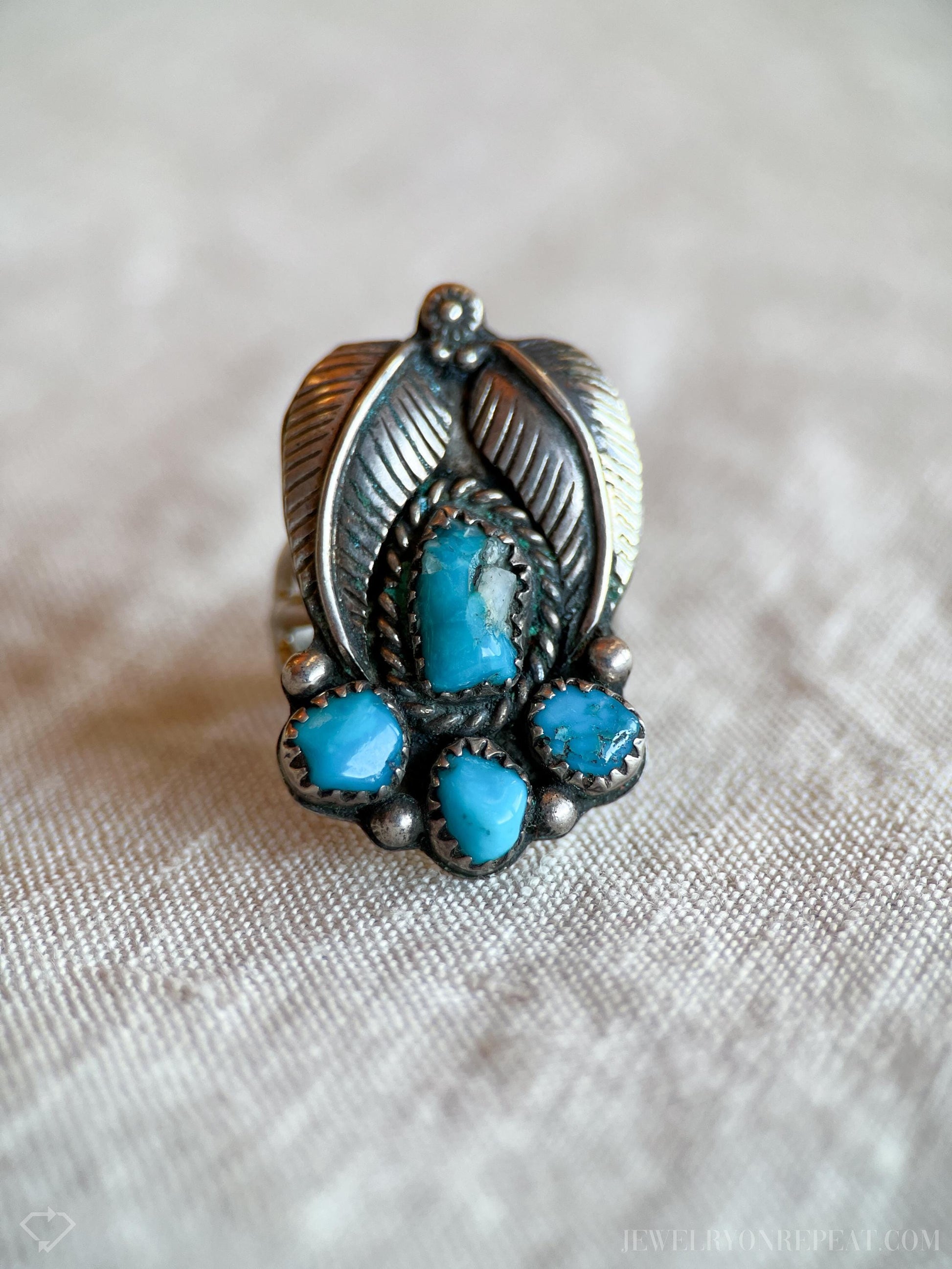 Vintage Sterling Silver Turquoise Feather Ring, Southwestern Boho Statement Jewelry
