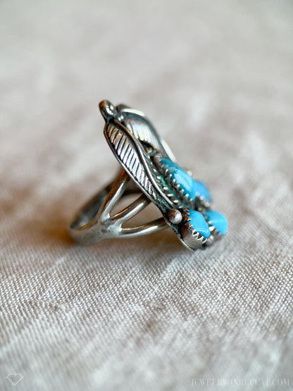 Vintage Sterling Silver Turquoise Feather Ring, Southwestern Boho Statement Jewelry