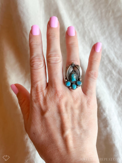 Vintage Sterling Silver Turquoise Feather Ring, Southwestern Boho Statement Jewelry