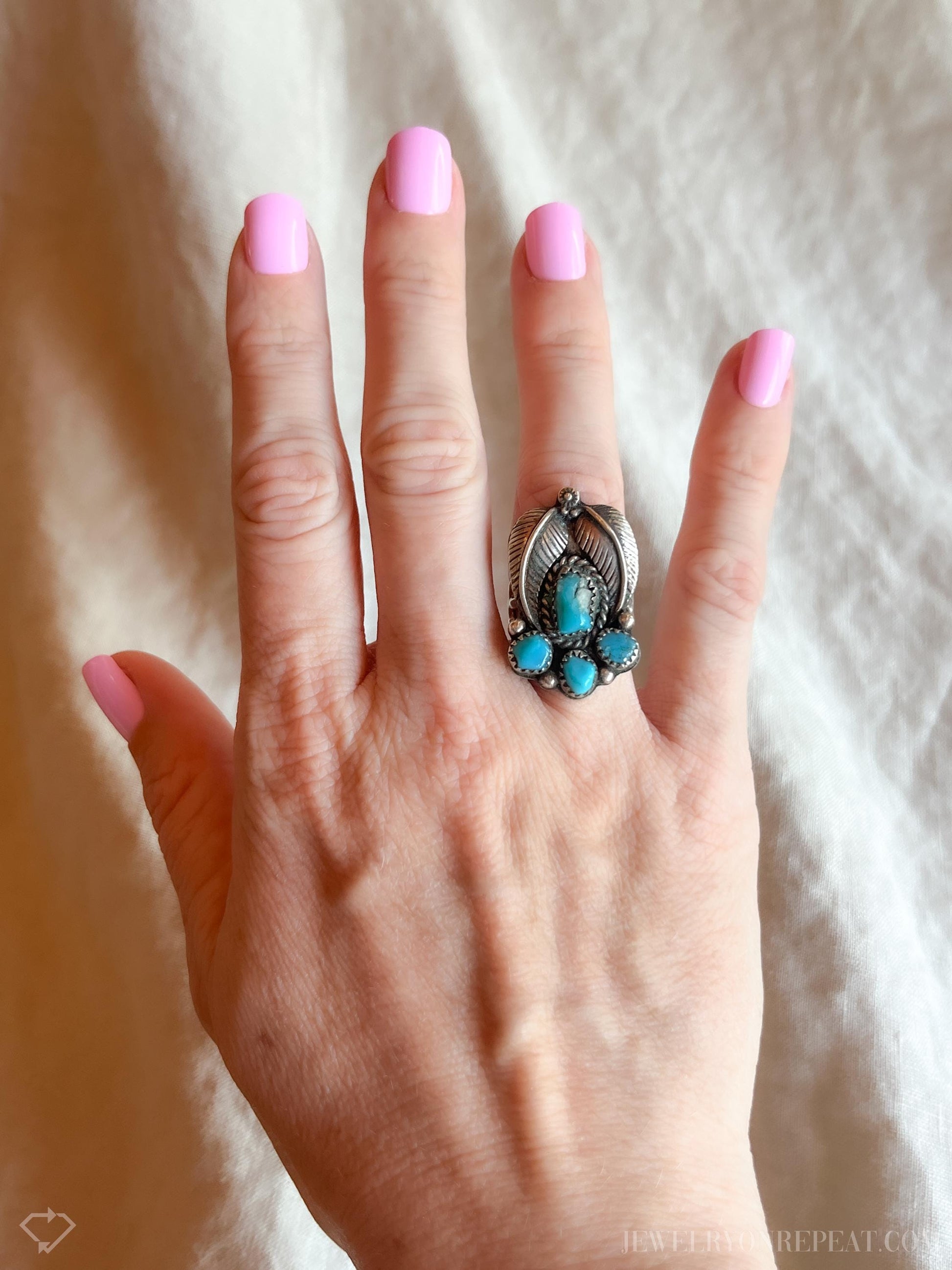 Vintage Sterling Silver Turquoise Feather Ring, Southwestern Boho Statement Jewelry
