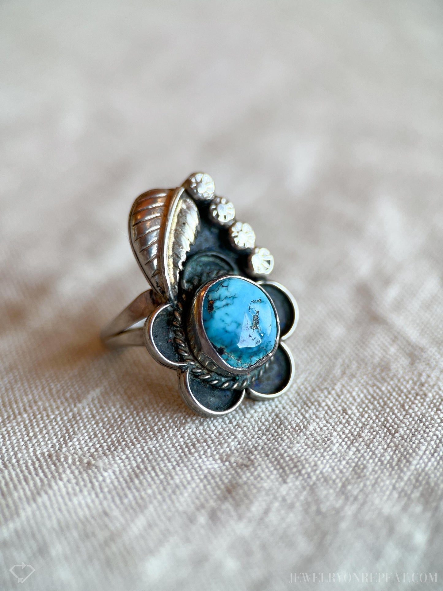 Vintage Turquoise Sterling Silver Ring, Southwestern Floral Statement Jewelry
