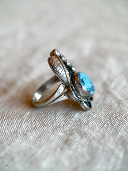 Vintage Turquoise Sterling Silver Ring, Southwestern Floral Statement Jewelry