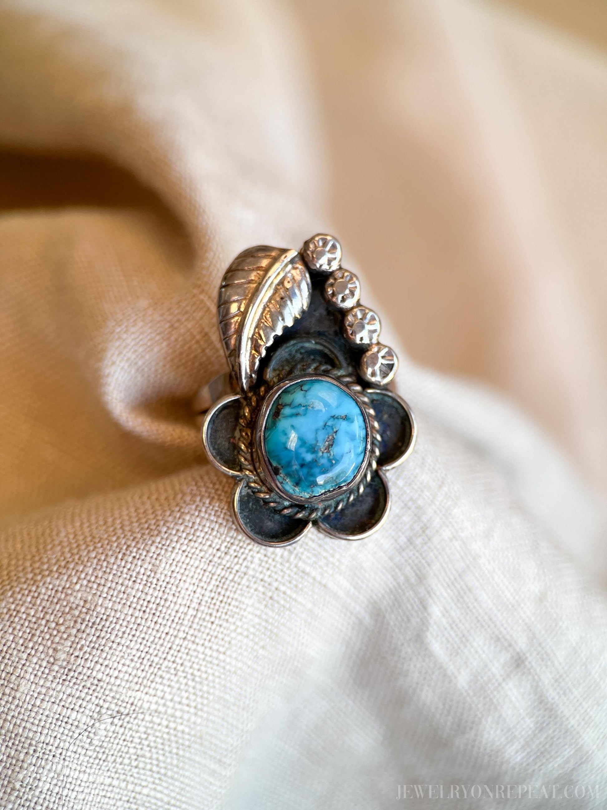 Vintage Turquoise Sterling Silver Ring, Southwestern Floral Statement Jewelry