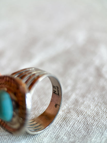Vintage Turquoise Sterling Silver Ring, Rope Bezel Statement, Southwestern Boho Jewelry