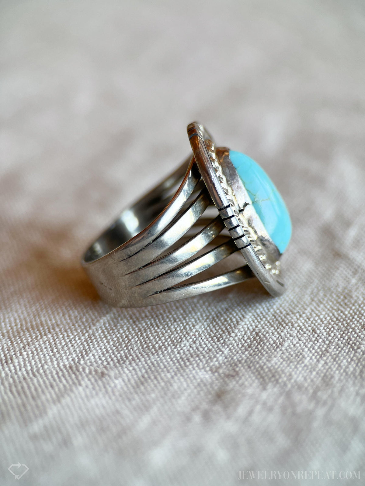 Vintage Turquoise Sterling Silver Ring, Rope Bezel Statement, Southwestern Boho Jewelry