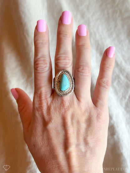 Vintage Turquoise Sterling Silver Ring, Rope Bezel Statement, Southwestern Boho Jewelry