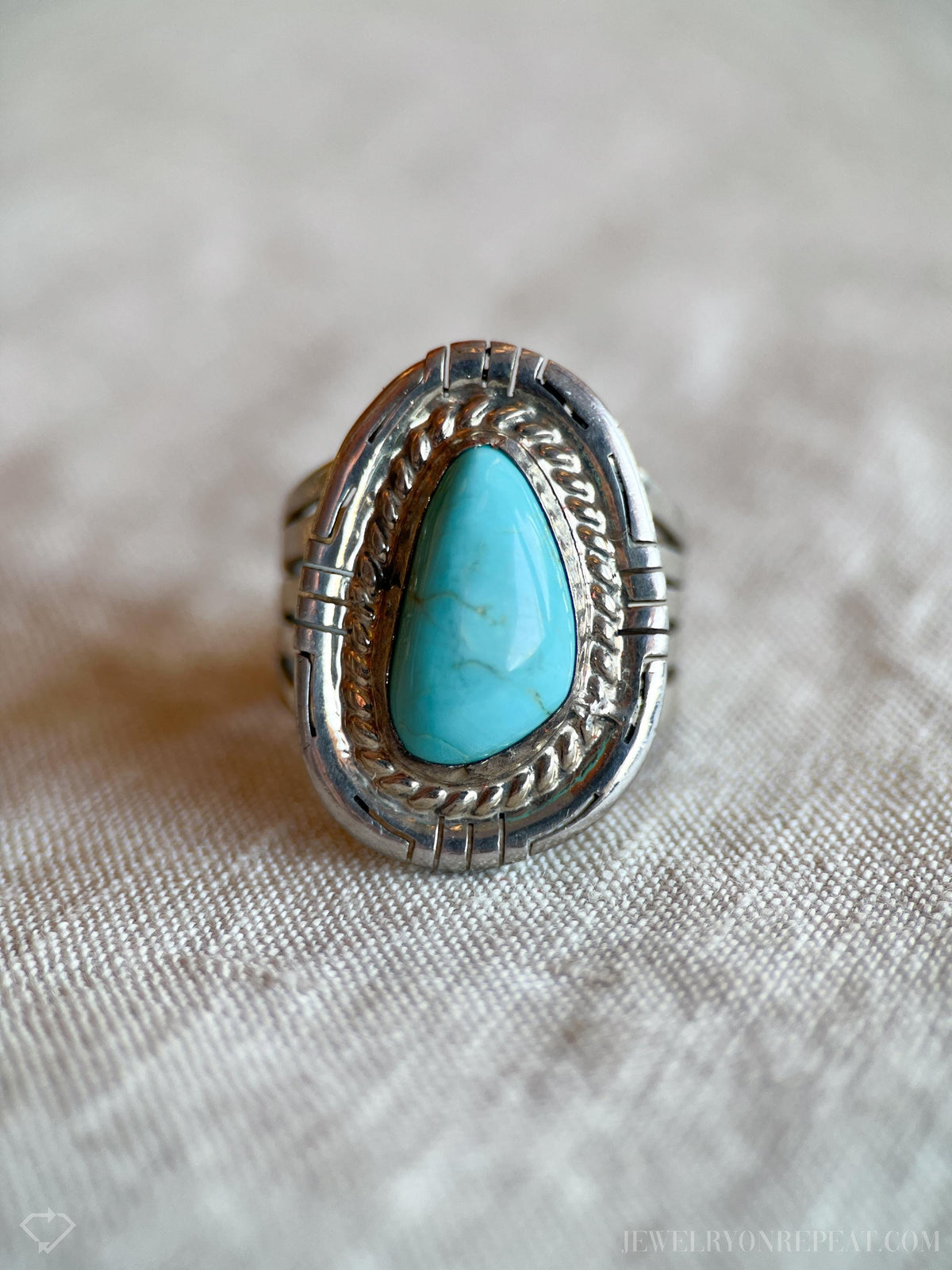 Vintage Turquoise Sterling Silver Ring, Rope Bezel Statement, Southwestern Boho Jewelry