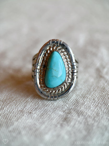 Vintage Turquoise Sterling Silver Ring, Rope Bezel Statement, Southwestern Boho Jewelry