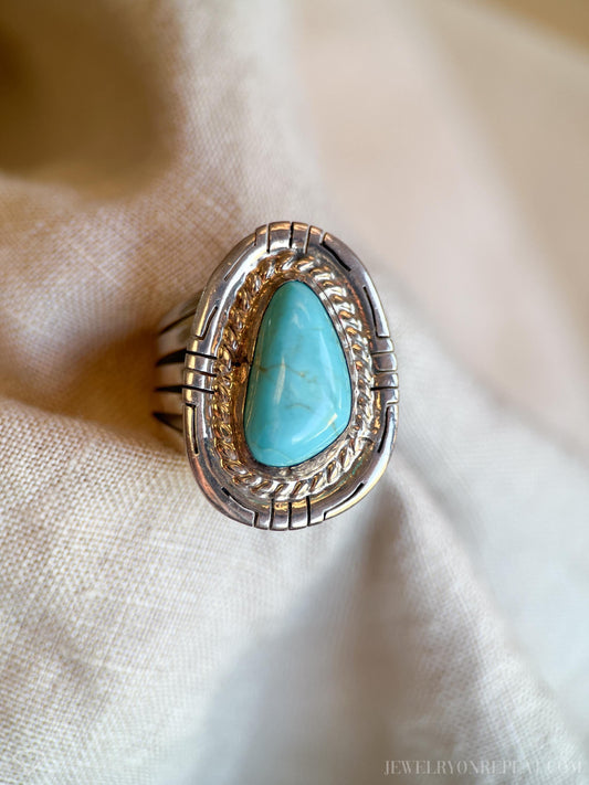 Vintage Turquoise Sterling Silver Ring, Rope Bezel Statement, Southwestern Boho Jewelry