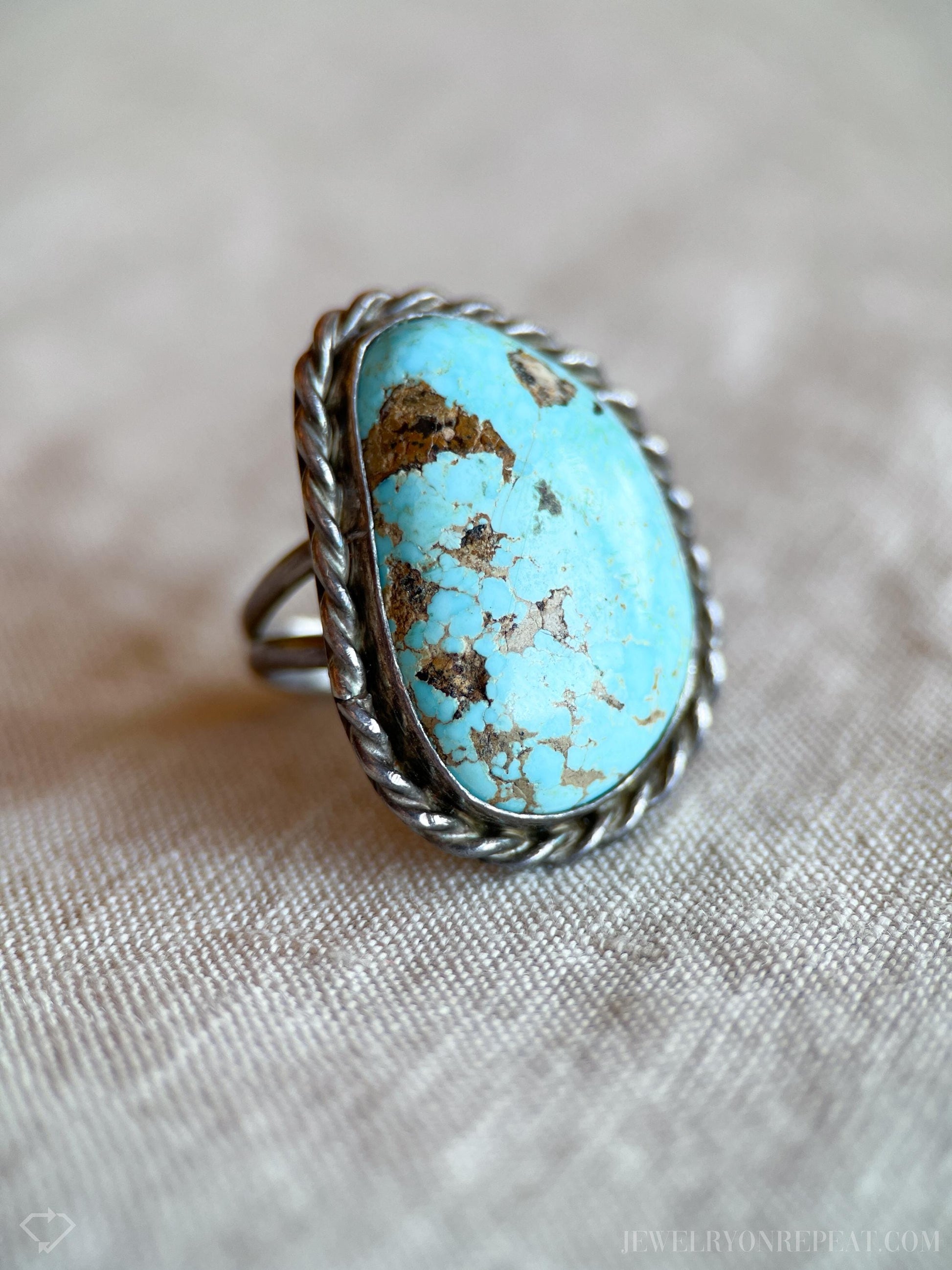 Vintage Turquoise Sterling Silver Rope Statement Ring, Southwestern Boho Jewelry