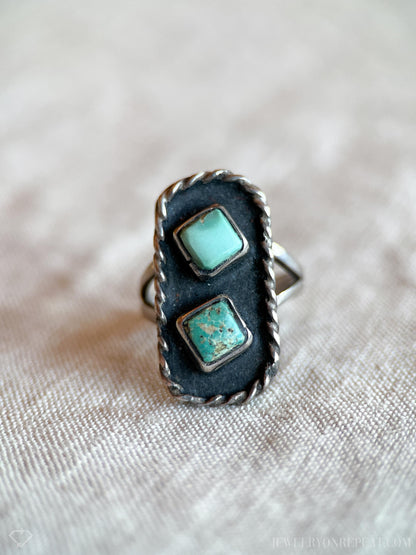 Vintage Turquoise Sterling Silver Double Square Ring, Southwestern Boho Jewelry