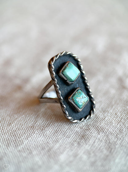 Vintage Turquoise Sterling Silver Double Square Ring, Southwestern Boho Jewelry